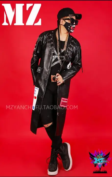 

Original male singer male DJ windbreaker GD imitation crocodile leather long section iron ring loose thin coat costume A314