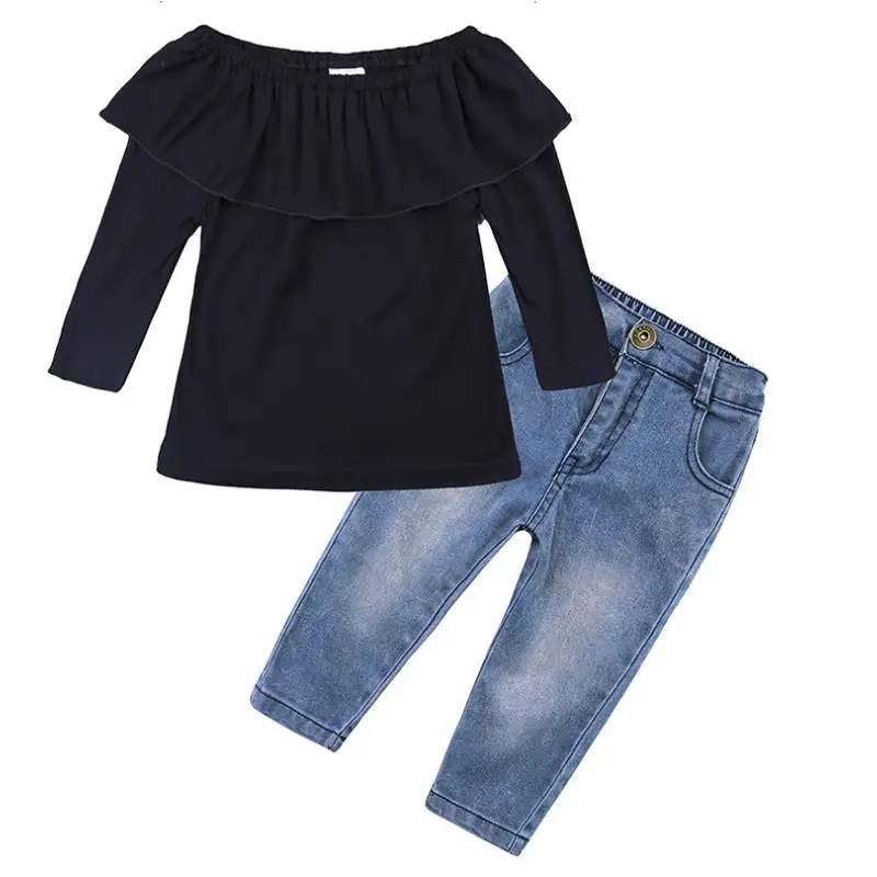 

1-7year Fashion Children Clothing Set Toddler Kids Girl Off Shoulder Tops+ Denim Pants 2018 New Bebes Baby Girls Clothes Set