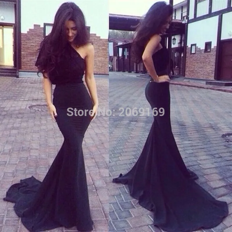 

New Fashion 2020 Black Mermaid Long Formal Evening Dresses One-shoulder Satin Floor-Length Sexy Prom Party Dress Sleeveless