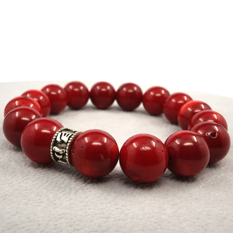 12 мм красные коралловые бусы буддизм браслет с тибетской символикой мужские