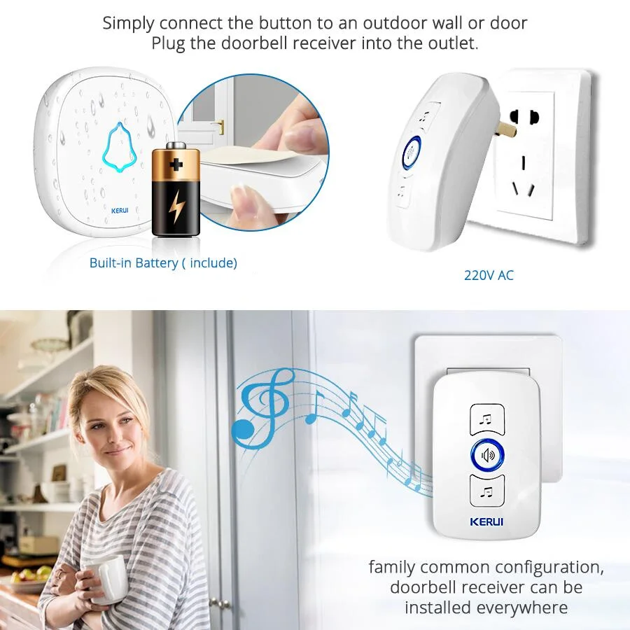Kerui M525 Водонепроницаемая дверная звонилка с 32 вариантами музыки, беспроводная до 500 футов, с батареей 23A 12V, белого цвета.