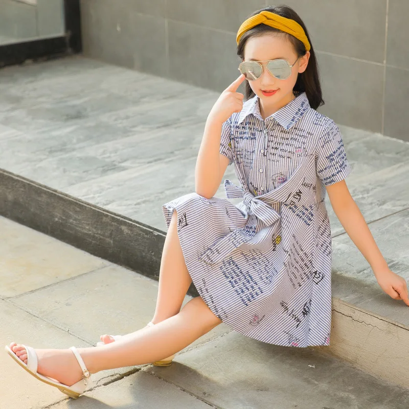Летнее платье для девочек 2017 детская Джокер Письмо Платье в полоску костюм