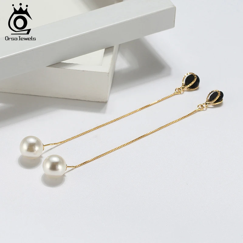 ORSA JEWELS Женские Висячие серьги длинная водяная капля черный AAA CZ розовое золото цвет имитация жемчуга девушка двойные серьги ювелирные изделия OME27