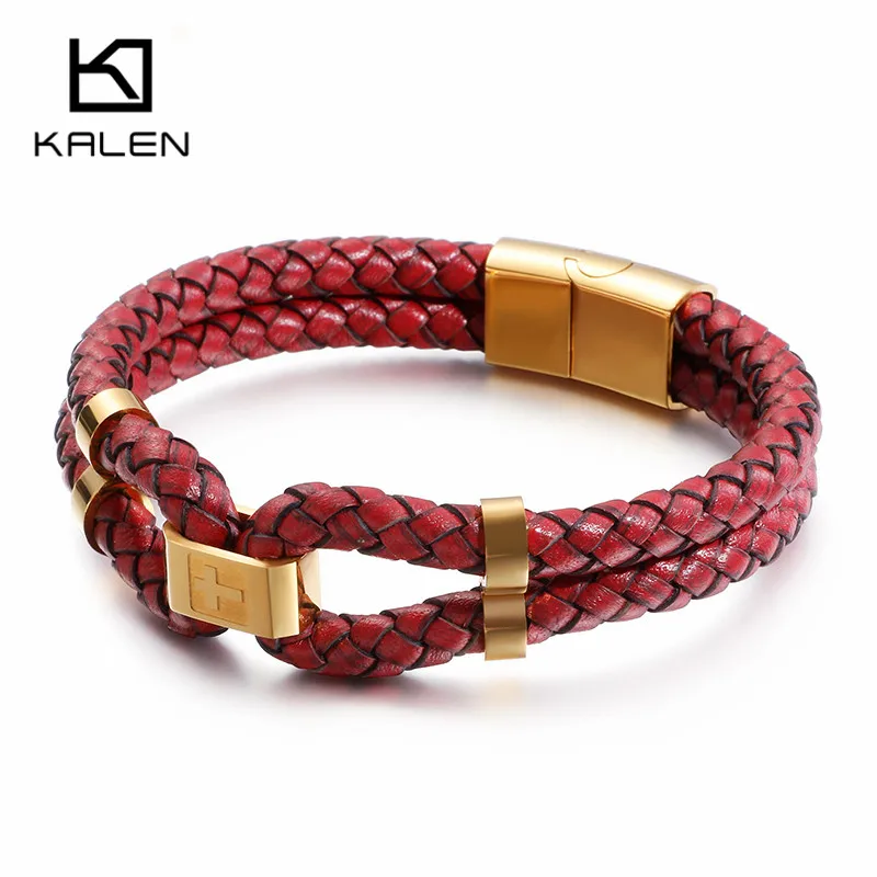 KALEN Stainless Steel Bulgaria GoldBlack Cross Charm Bracelets Men 21cm Double Layer BlackRed Leather Jewelry | Украшения и