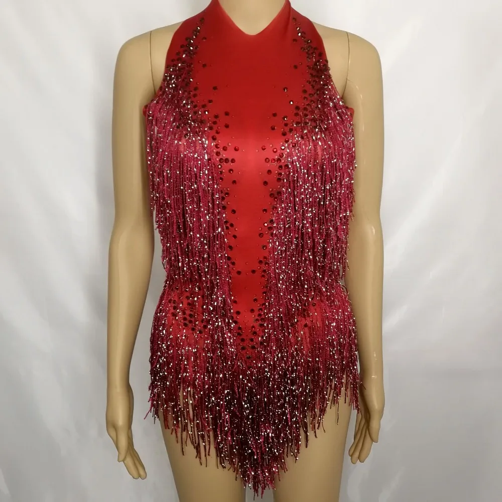 Female Dance Teams Jazz Stage Outfit Red Tassels Rhinestones Backless Bodysuit Nightclub Bar DJ Singer Latin Pole Dance Costume