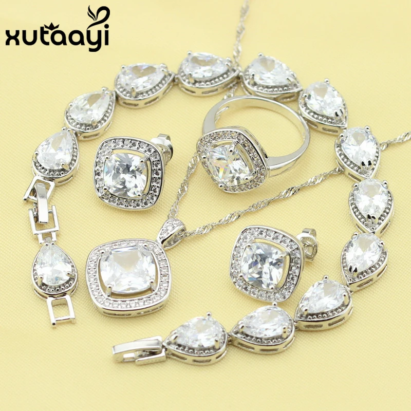 XUTAATI 4 шт белый кубический цирконий серебряный цвет Ювелирные наборы для женщин
