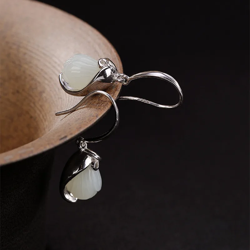 Женские серьги из серебра 925 пробы с натуральным нефритом | Украшения и