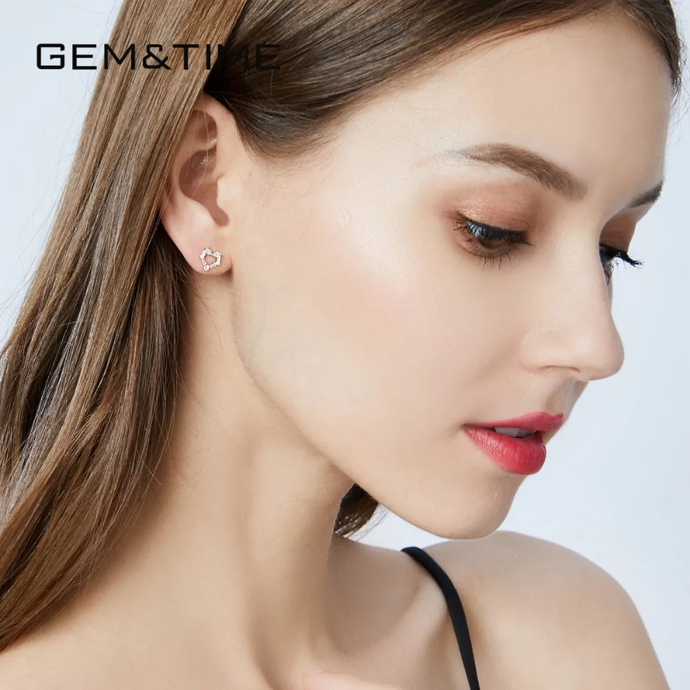 Gem& Time Love Heart, настоящее ТВЕРДОЕ ЗОЛОТО 14 к, серьги-гвоздики для женщин, для свадьбы, помолвки, хорошее ювелирное изделие из желтого золота AU585 Brincos E14116