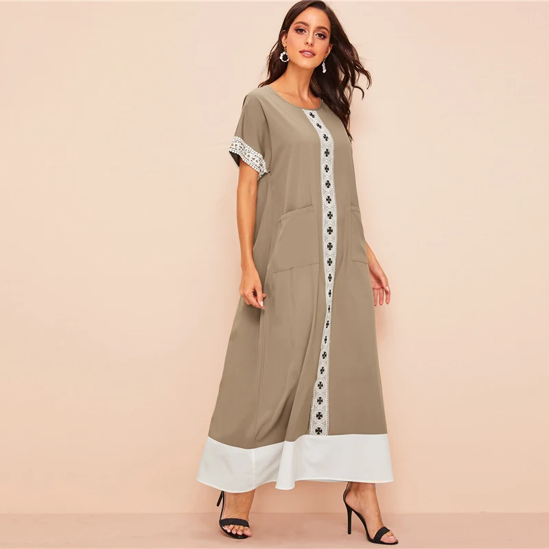 SHEIN Платье С Карманом И Кружевной Аппликацией, Стильное Платье С Коротким Рукавом