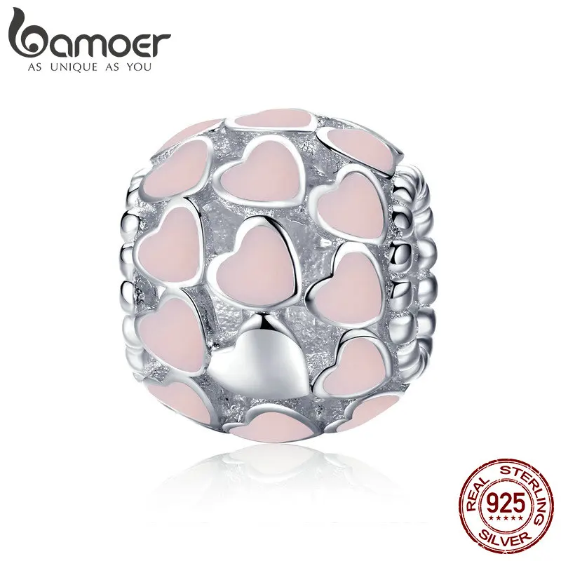 

BAMOER Romantic 925 Sterling Silver Sweet Heart to Heart pink Enamel Beads fit Women Bracelet & Necklaces DIY Jewelry SCC805-J