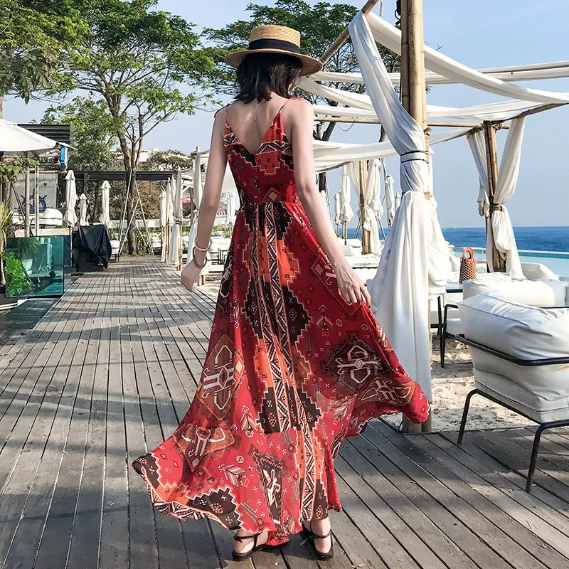 Spaghetti Strap V Neck Boho Maxi Woman Dress Empire Loose Sexy Vintage Beach Dresses Sleeveless Floral Printed Party Vestido | Женская