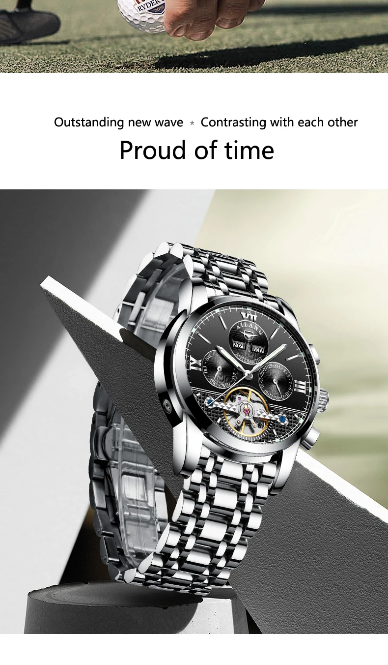 AILANG Мужские механические часы automatic Tourbillon наручные часы бизнес кожа месяц календарь Reloj спортивные часы Montre Homme