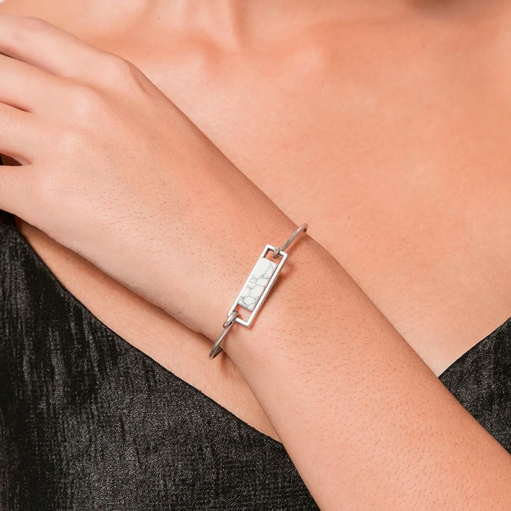 

2017 White Stone Howlite Pendant Ladies Cuff Bangles Vintage Gold Silver Zinc Alloy Simple Bangle For Women MYC10005