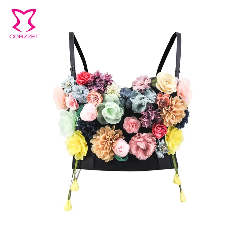 

Sexy Colorful Floral Appliques Push Up Bra Lolita Bustier Crop Top Gothic Adjustable Bralette Bras For Women Bralette Lingerie