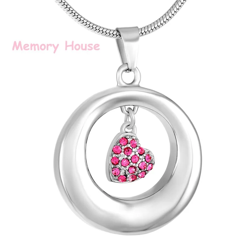 IJD9286 Hold Pink Хрустальное сердце Шарм и круг Нержавеющая сталь кремации ювелирные