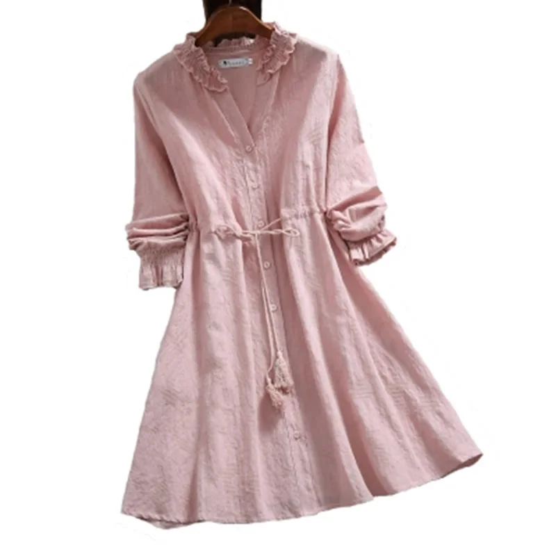 Новые летние женские платья из хлопка и льна 2018 винтажные с длинным рукавом