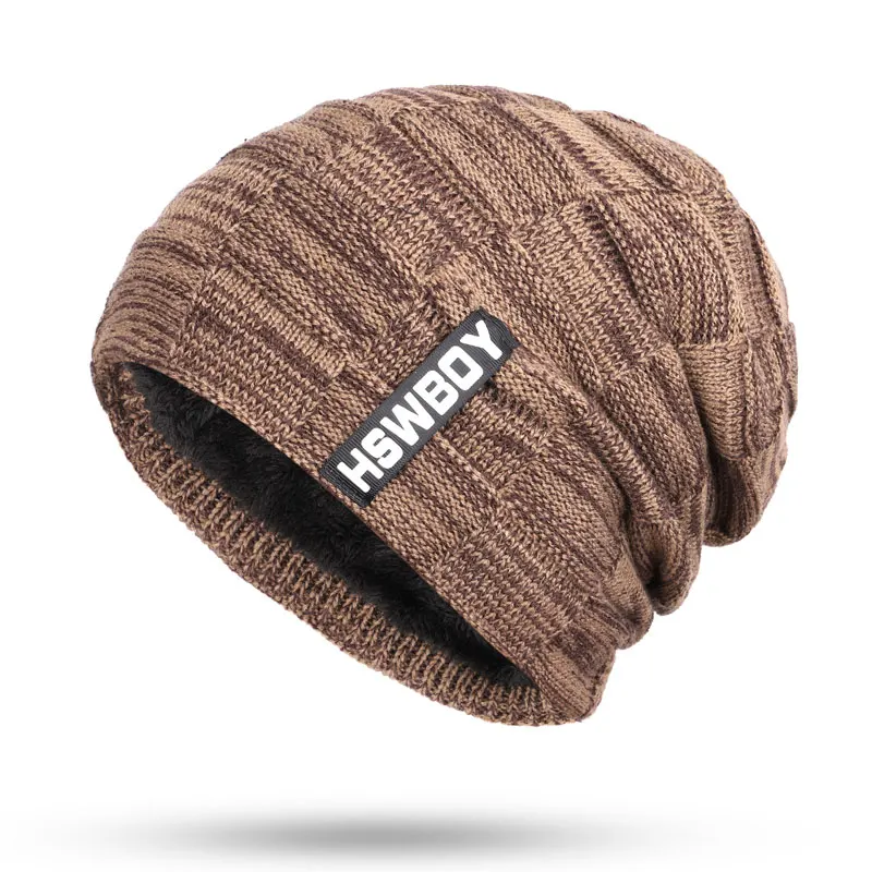 Khaki B Skullies новые мужские вязаные бархатные толстые зимние шапки теплые и удобные регулируемые унисекс Изысканные кожаные брендовые шапки бини - Цвет: Khaki B