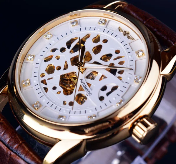 Winner Royal Diamond дизайнерские черные золотые часы Montre Homme мужские часы лучший бренд класса люкс Relogio мужские механические часы со скелетом - Цвет: White Golden