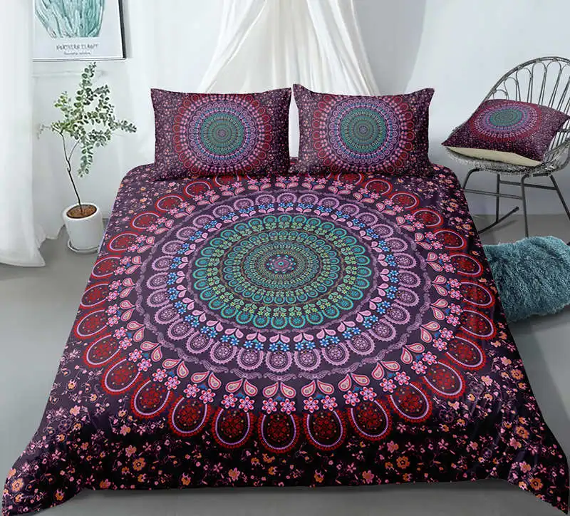 3D Bohemian Bedding Set Floral Paisley Pattern Duvet Cover Set Sky Blue Mandala Bedspread