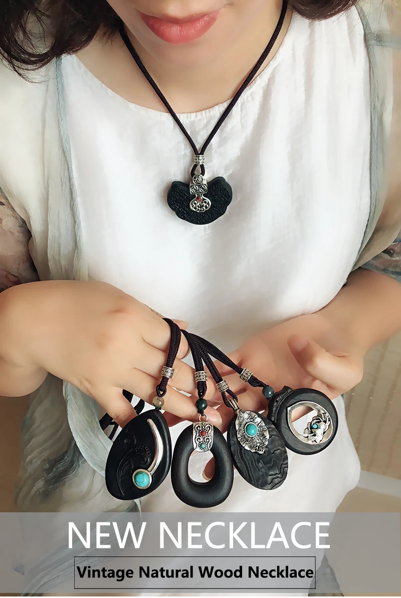 Yumfeel Brand Bohemia Vintage Necklaces Handmade Tibetan Carving Black Sandalwood Pendants& Necklaces Women Jewelry Long Gifts