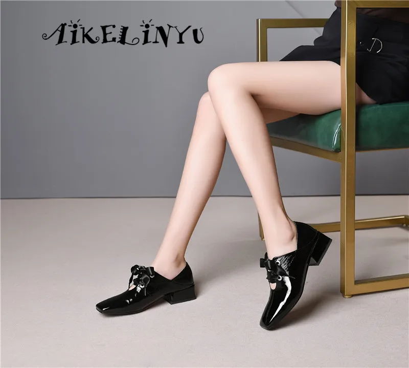 AIKELINYU/женская повседневная обувь из воловьей кожи наивысшего качества, ручной работы, на низком каблуке, фиолетового цвета женские туфли-лодочки из натуральной кожи на шнуровке, с квадратным носком, на низком каблуке