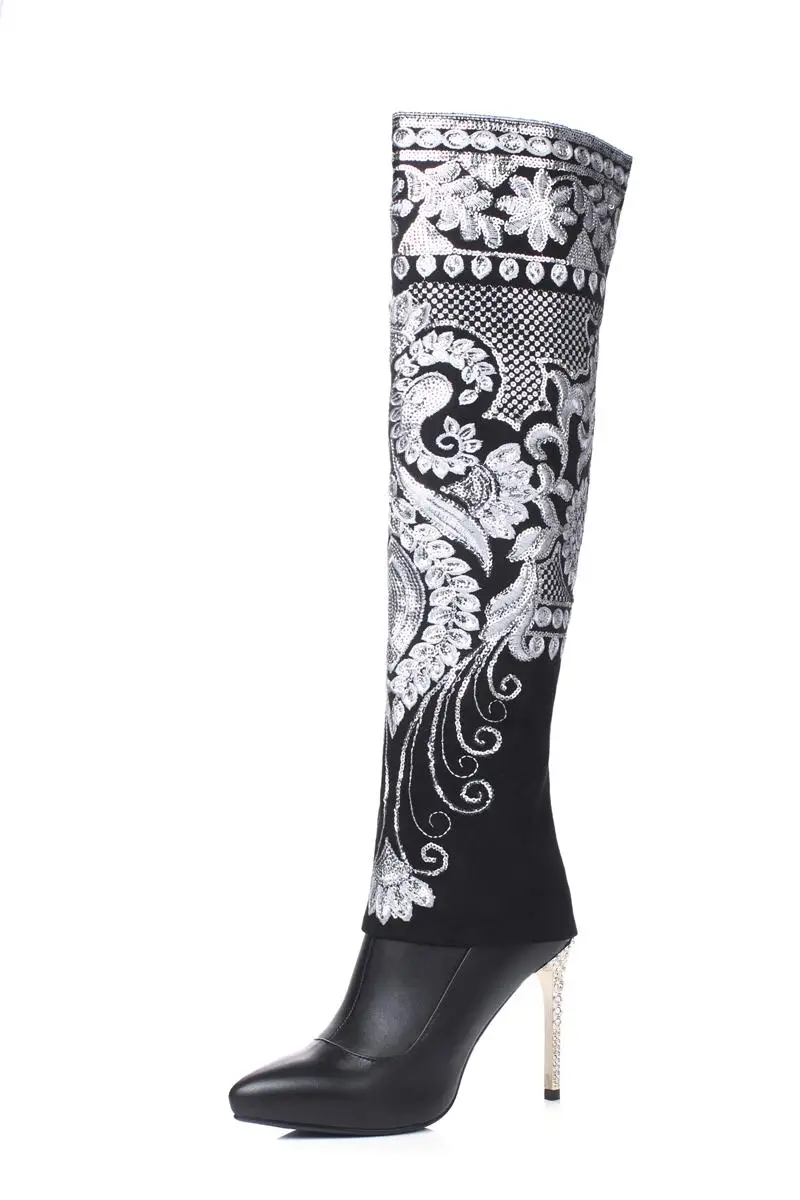 MoonMeek/Сапоги до колена женские зимние сапоги из натуральной кожи с вышивкой