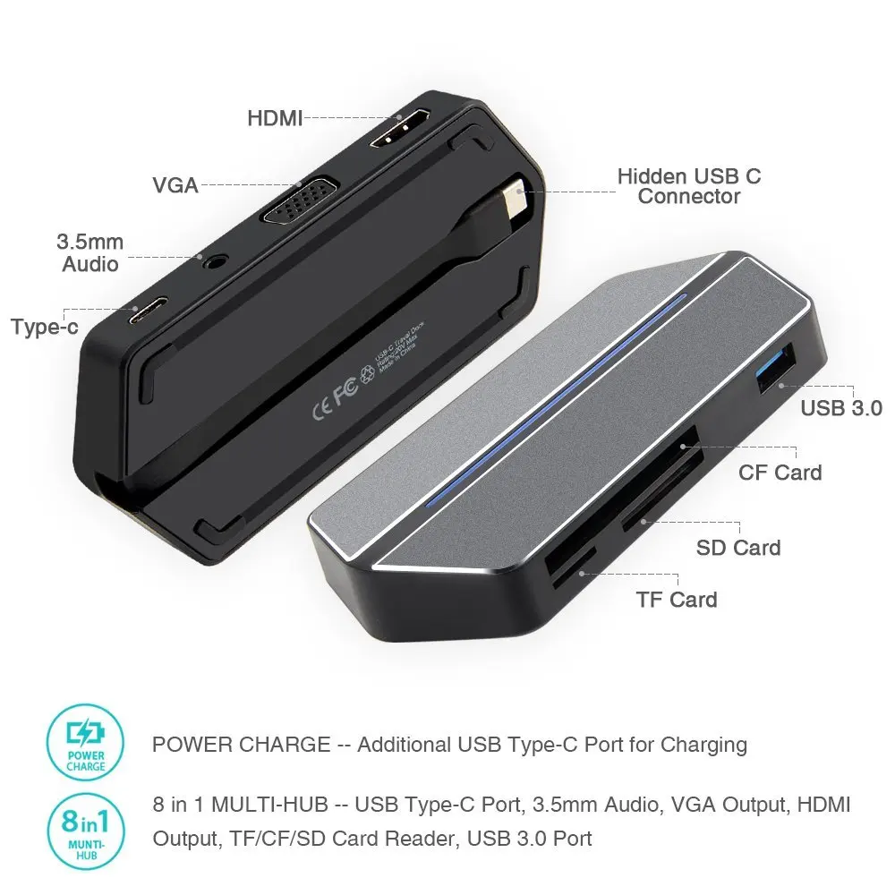 USB-C концентратора 8 в 1 многопортовый Тип C адаптер с HDMI VGA Выход USB 3.0 и 3.5 мм аудио JACK