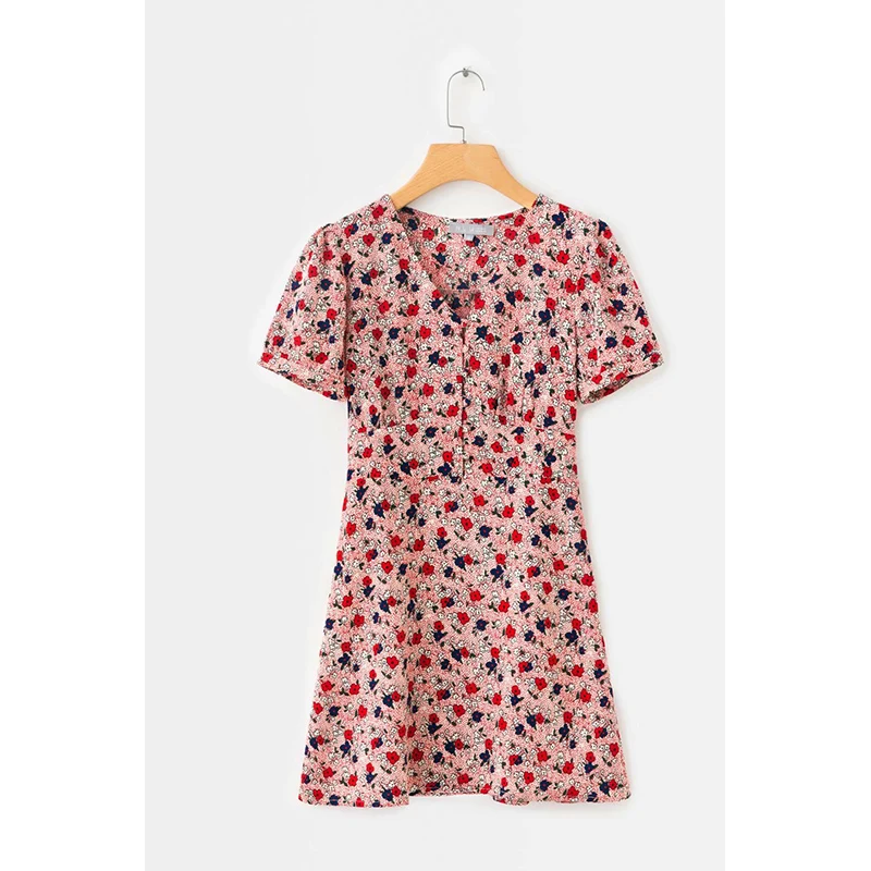 

Elegant summer print red blue dress women zipper lining buttons v neck A line short high waist slim mini dress festa
