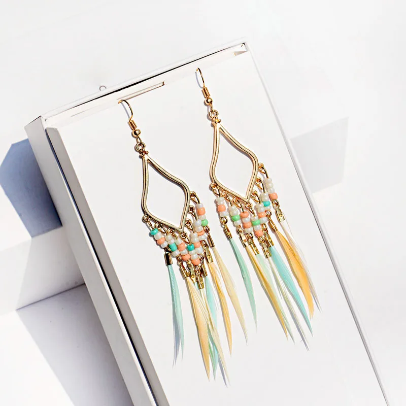 

Women's Geometric Long Tassel Dangle Earrings For Women Hippie Bohemian Boho Jewelry Colorful Feather Earrings Brincos Bijoux