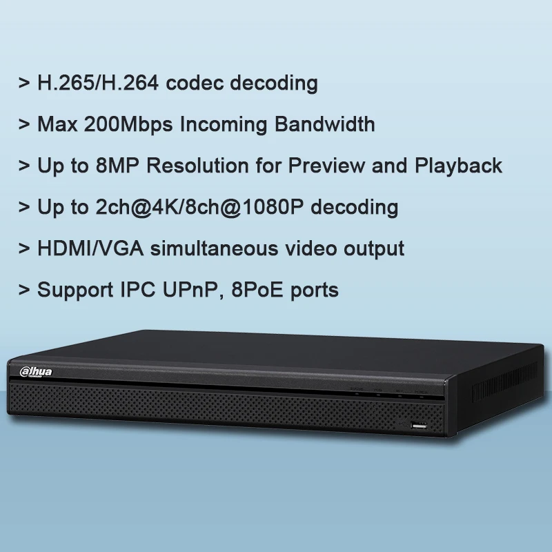 Dahua NVR4208 8P 4KS2 8 канальный сетевой видеорегистратор 1U 8PoE 4K & H.265 Lite с поддержкой IPC UPnP