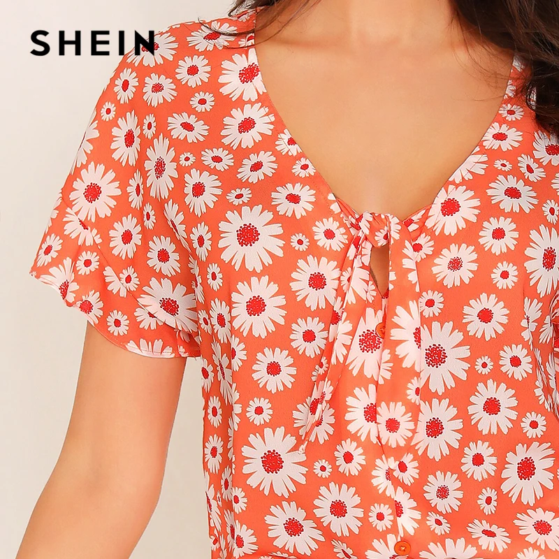 SHEIN, оранжевый топ с завязками на шее, цветочный принт, блузка, женские богемные топы,, с рюшами, короткий рукав, v-образный вырез, летние блузки