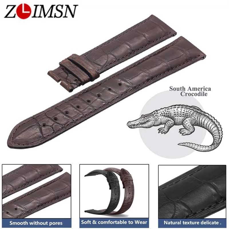 ZLIMSN Double Alligator Leather Strap Black Brown Watch Band Size 18mm 20mm 22mm for Mens Women Luxury Crocodile Watchband