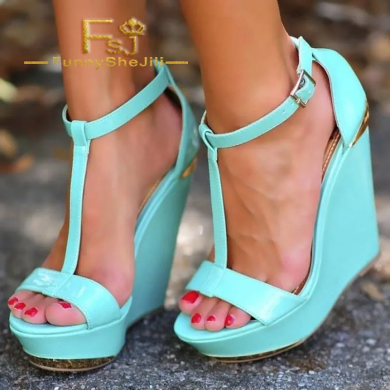 

Cyan T Strap Open Toe Wedges Platform Sandals for Women Summer Black Friday Carnival Elegant Generous Attractive Noble FSJ Sexy