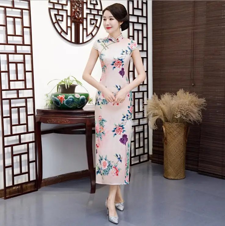 Высокая мода Мандарин Воротник шелк атлас с новогодней елкой, бумажный принт Qipao элегантный цветок сексуальное длинное платье плюс SZ M-4XL - Цвет: 18147