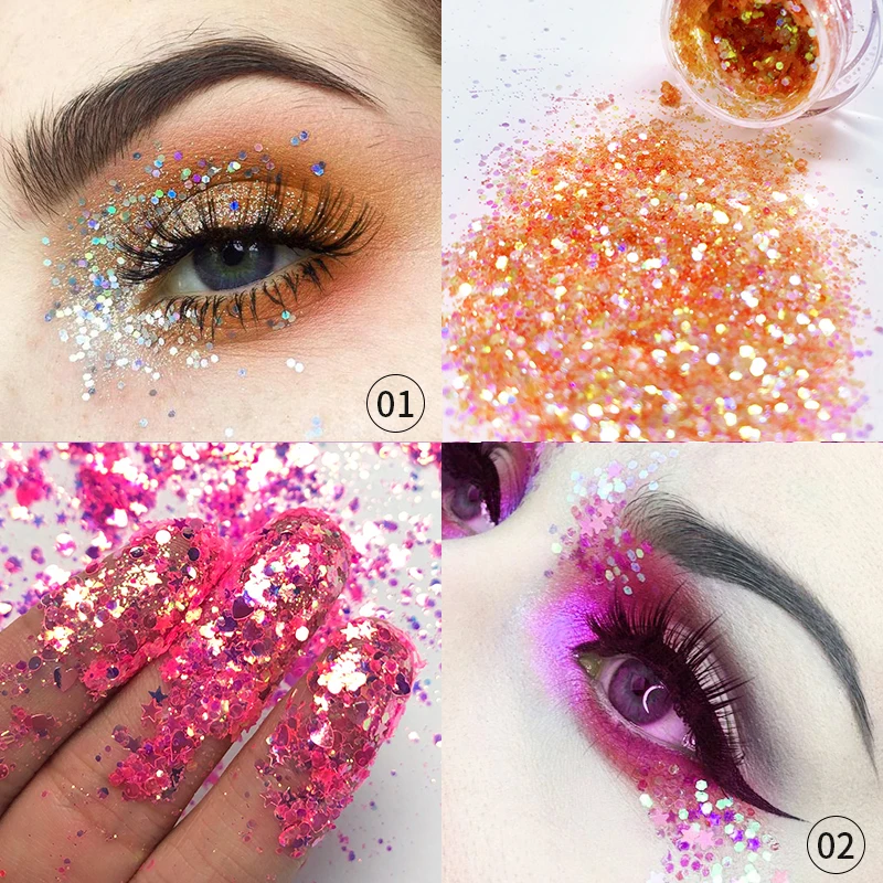 2pcs 1set 01 02 Профессиональный Фотофон 2 шт./компл. Eyes Sequins; блестящие вечерние макияж блестящие расшитые блестками с раскрашенным в яркие цвета глаз, губ и тела, накладные ногти, покрытие для косметики - Цвет: 2pcs 1set 01 02