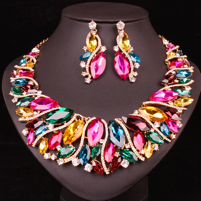 Luxury Crystal Necklace Earrings Sets Jewelry Indian Bridal Wedding Party Costume Jewellery Accessories Gifts for Women | Украшения и