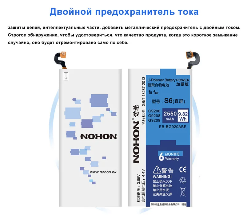 Nohon телефон Батарея для Samsung Galaxy S6 G920F G920i G920 G925S G9200 G9208 G9209 аккумулятор 2550 мАч EB-BG920ABE батареи розничная Упаковка