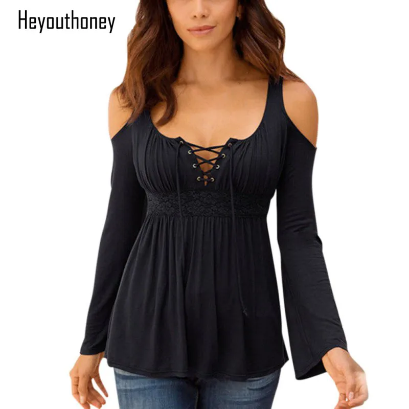 Для женщин Блузка Сексуальная V шеи на шнуровке Cold Shoulder Shirt женский с