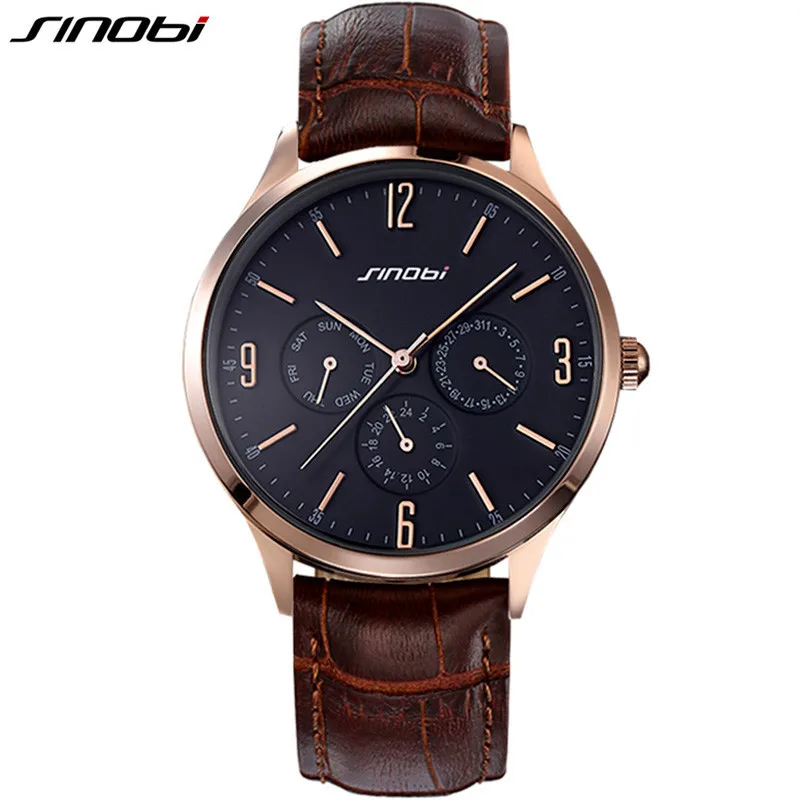SINOBI водонепроницаемые Ультра тонкие кожаные спортивные роскошные часы мужские