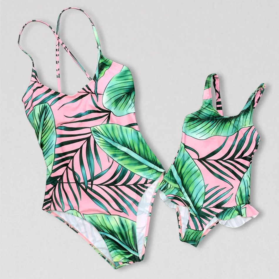 BUNVEL Семейные купальники пляжная одежда с принтом листьев купальный костюм для