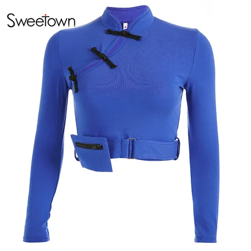 blue Sweetown Vogue короткий рукав Футболка для женщин ремень китайский стиль Camiseta Mujer осень зима Винтаж Корейская - Цвет: blue