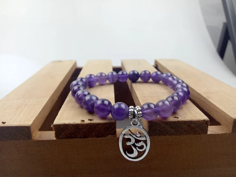 Модные браслеты 8 мм Фиолетовый кварцевый браслет 3D полый кулон фиолетовые