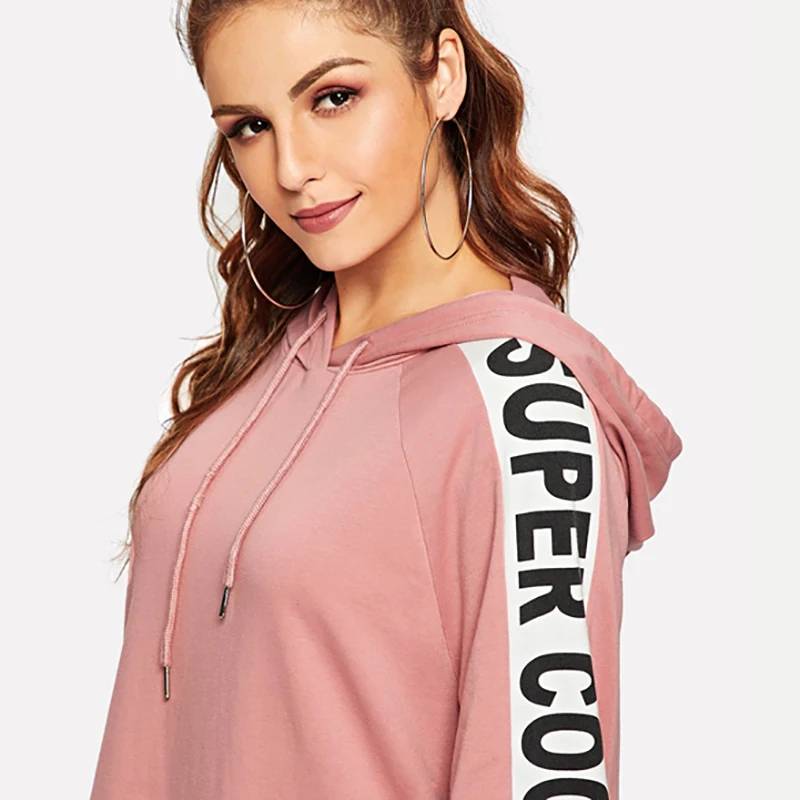 Dotfashion, розовый, рукав реглан, свитер с буквенным принтом, платье, женская одежда, весна-осень, Повседневное платье с капюшоном, длинный рукав, длина до колена