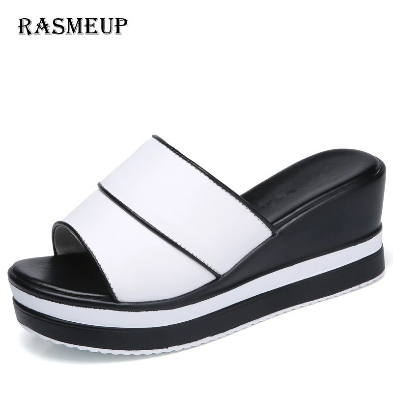 RASMEUP/женские шлепанцы из натуральной кожи на платформе коллекция 2018 года модные