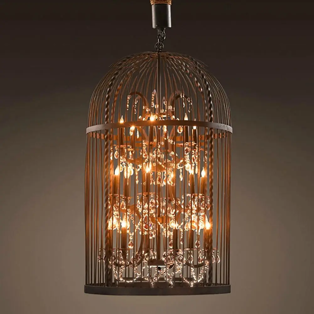 

Retro LOFT K9 Crystal Cage Chandelier Iron Fixture LED Droplight Dining Room Cage Lamp New