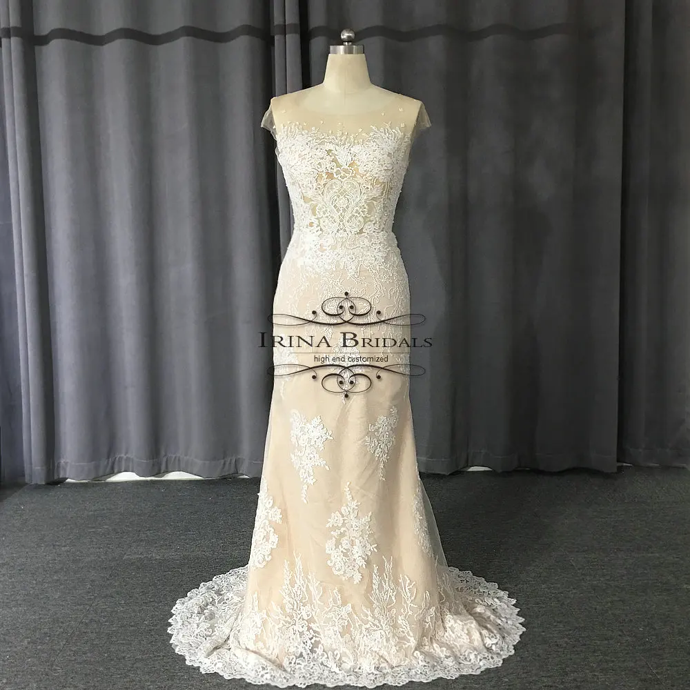 Кружевная аппликация с жемчугом Irina Bridals свадебное платье цвета шампанского со