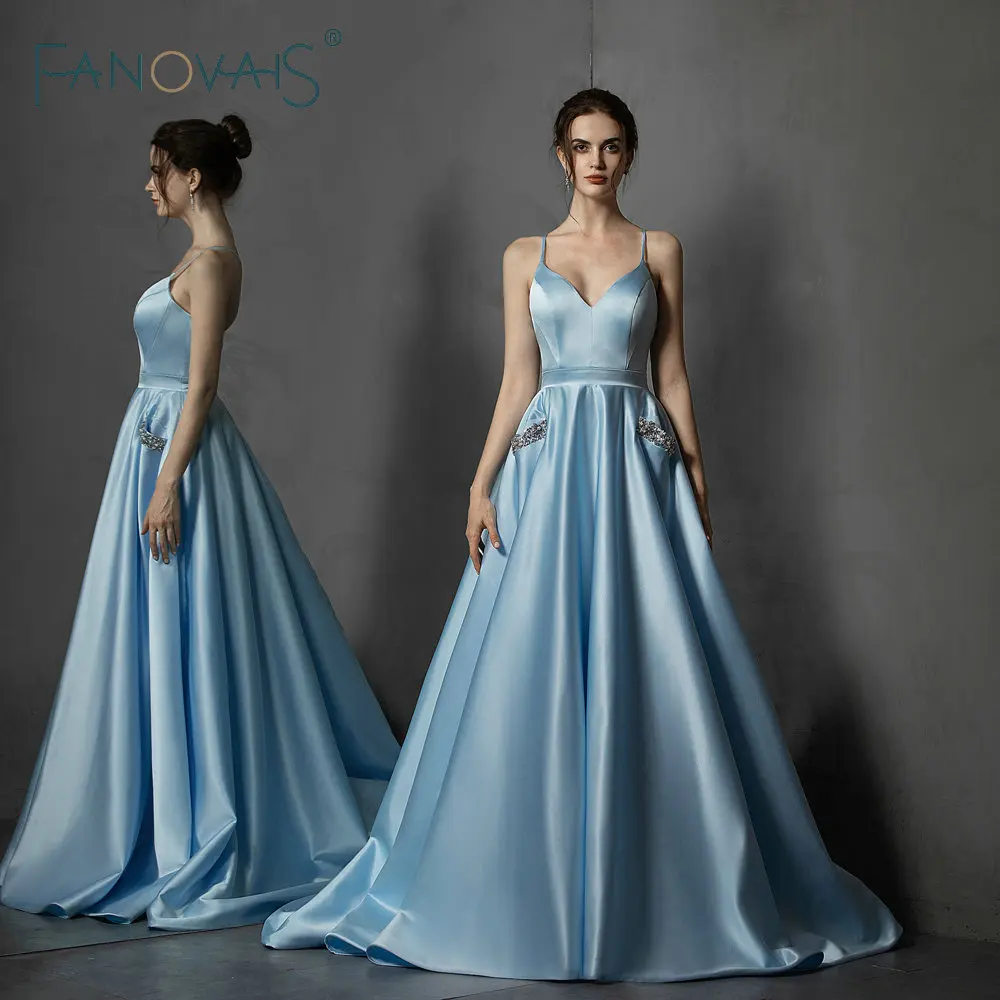 Синий Атлас вечерние платья простое платье выпускного вечера с карманами Vestidos de
