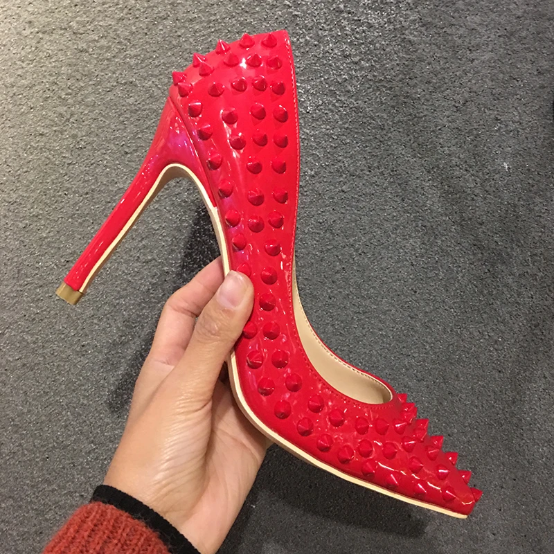 

2021 Fashion free shipping new red Patent Leather spikes Poined Toe Stiletto high heel shoe pump HIGH-HEELED SHOE dress shoes