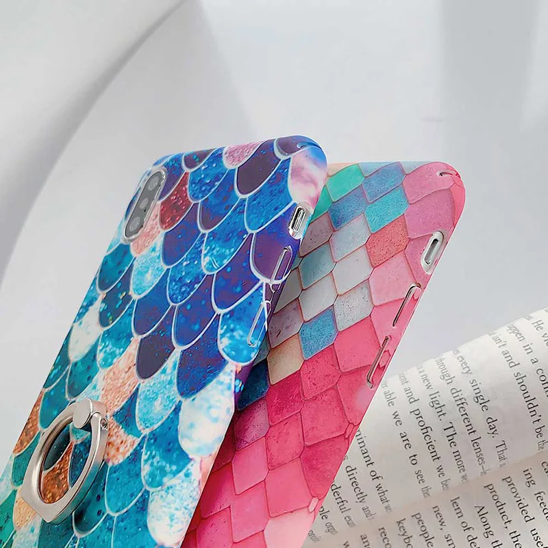 Boucho Colorful Ainbow Mermaid Scales Pattern Case For Apple iphone XS MAX XR X 7 8 plus 6 6s Phone With Finger Ring |