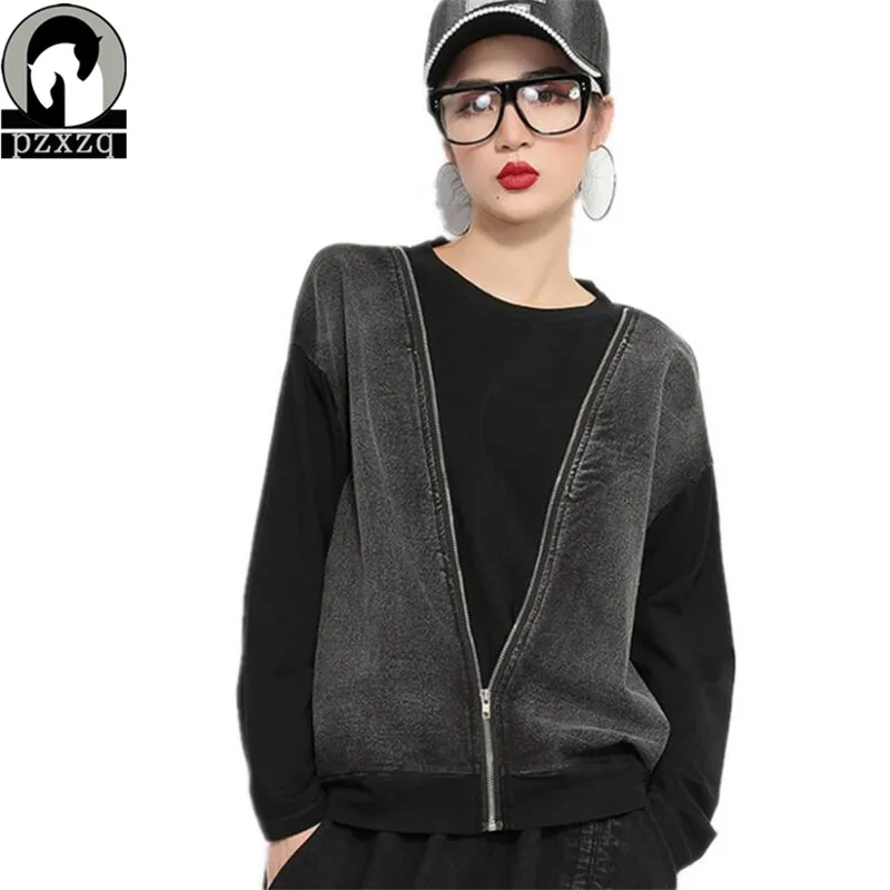 2020 Осень и весна новая строчка джинсовая тонкая футболка на молнии с длинными